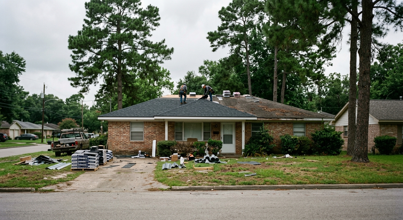 A modest single-story brick house with a partially replaced roof and construction materials stacked in the yard.