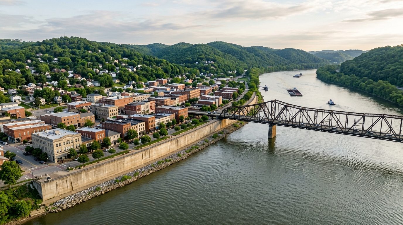 Huntington, WV — Small Appalachian river city at the confluence of forested hills and the Ohio River, with a concrete