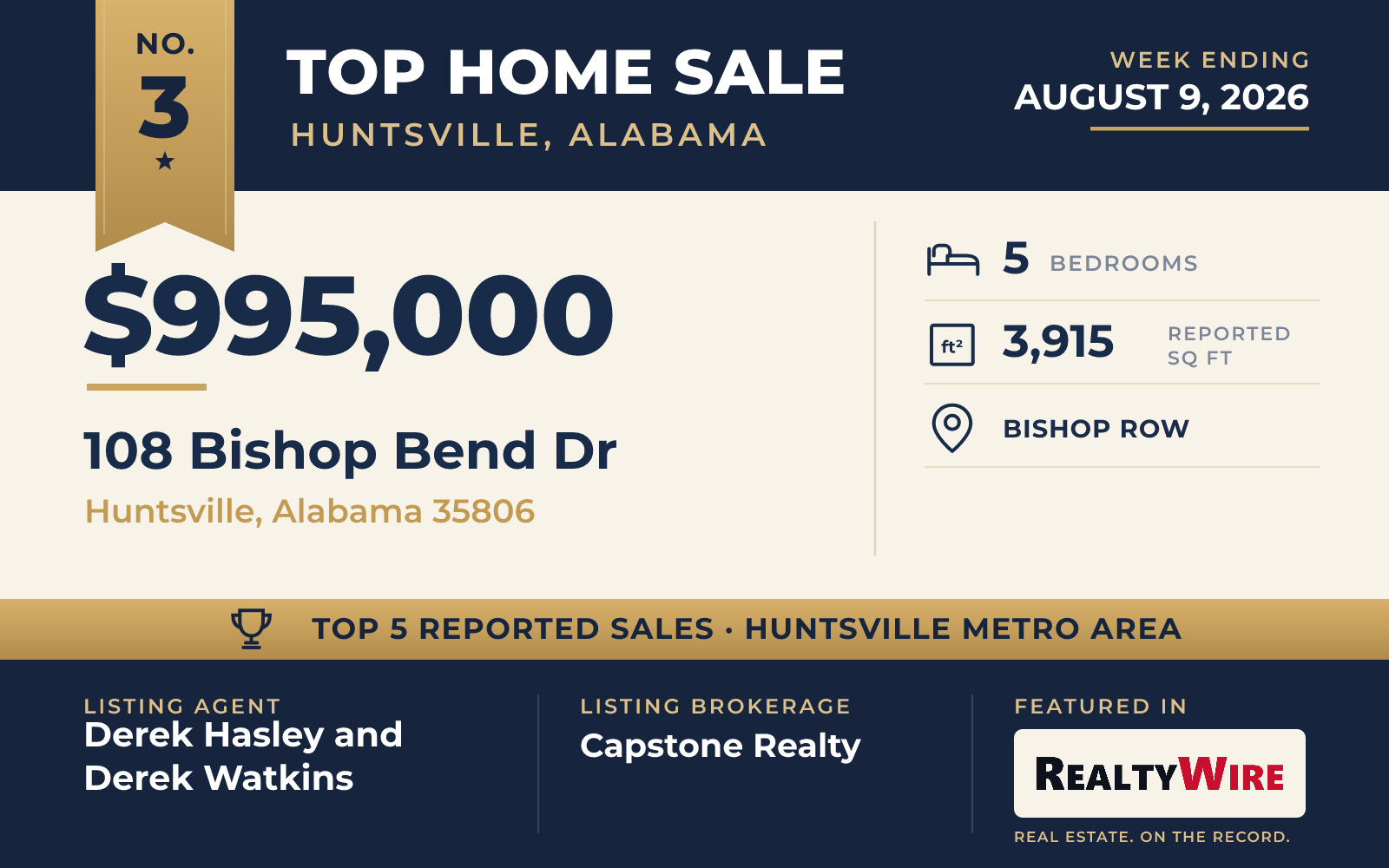 Top home sale No. 3 in the Huntsville, Alabama metro area β 108 Bishop Bend Dr, Huntsville, Alabama, week ending August 9, 2026