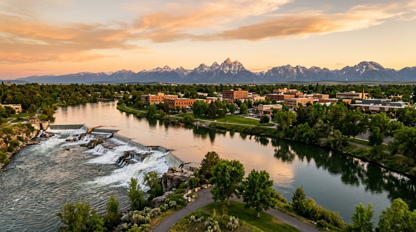 Idaho Falls, ID — Landscape looking across the Snake River as it curves through downtown Idaho Falls, with cascading falls and