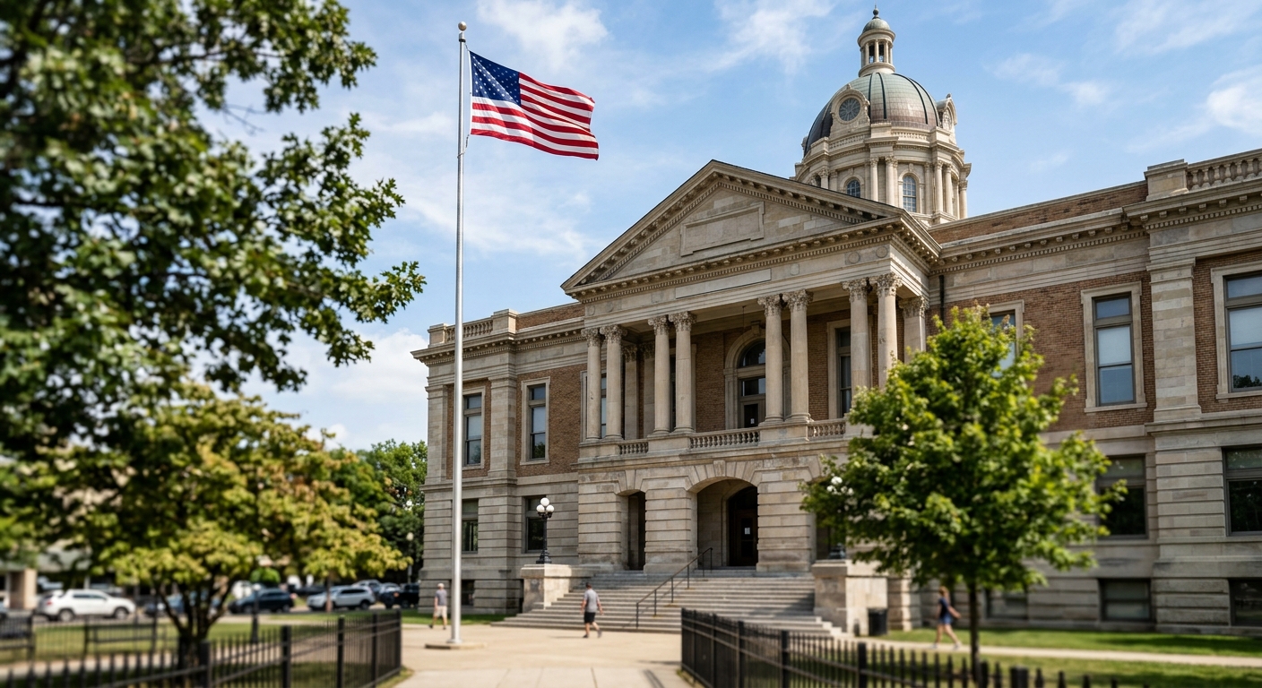 Exterior of a county courthouse building with an American flag, daytime photograph