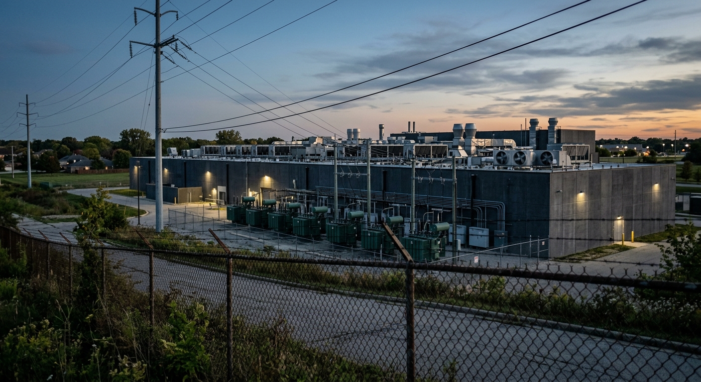 A large low-rise data center building with cooling equipment and power lines at dusk.