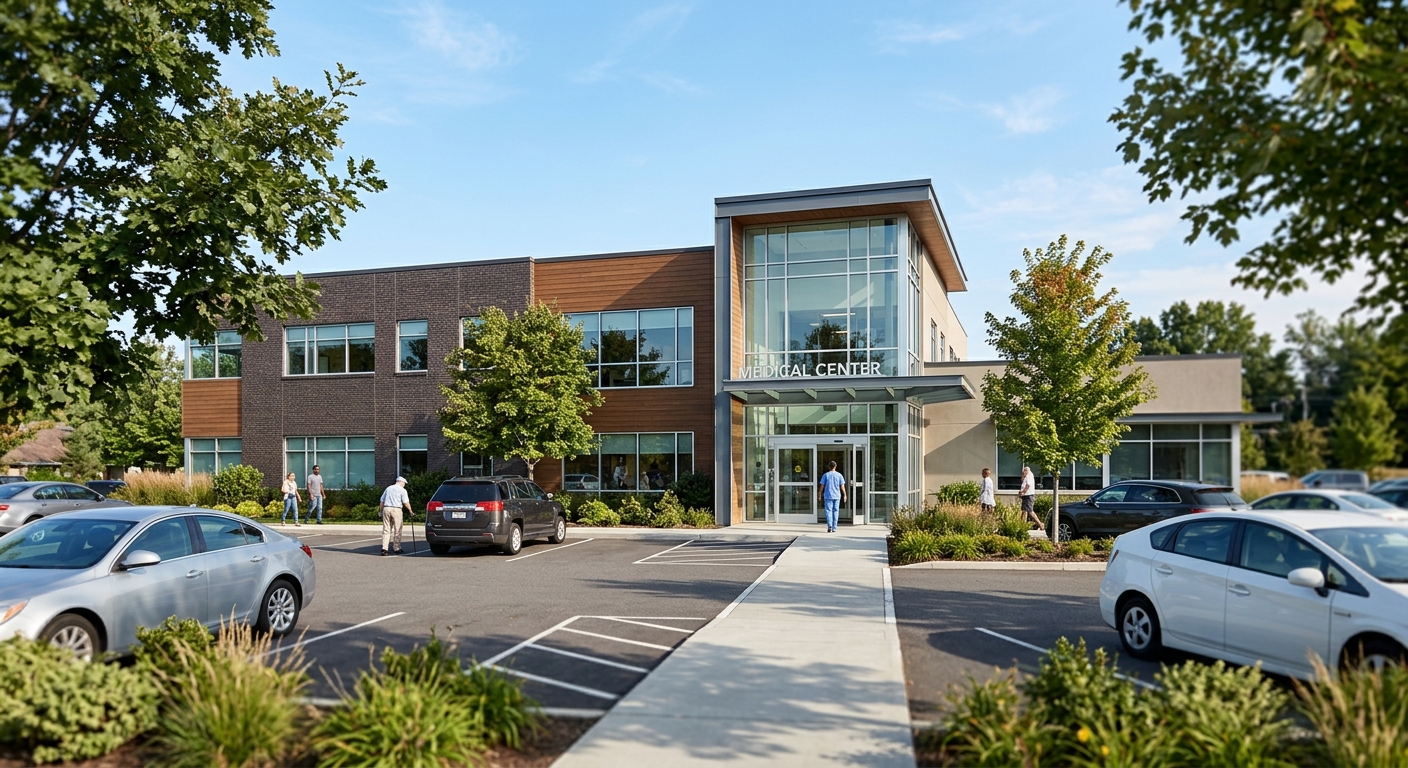 The exterior of a modern low-rise medical office building with a landscaped parking lot.