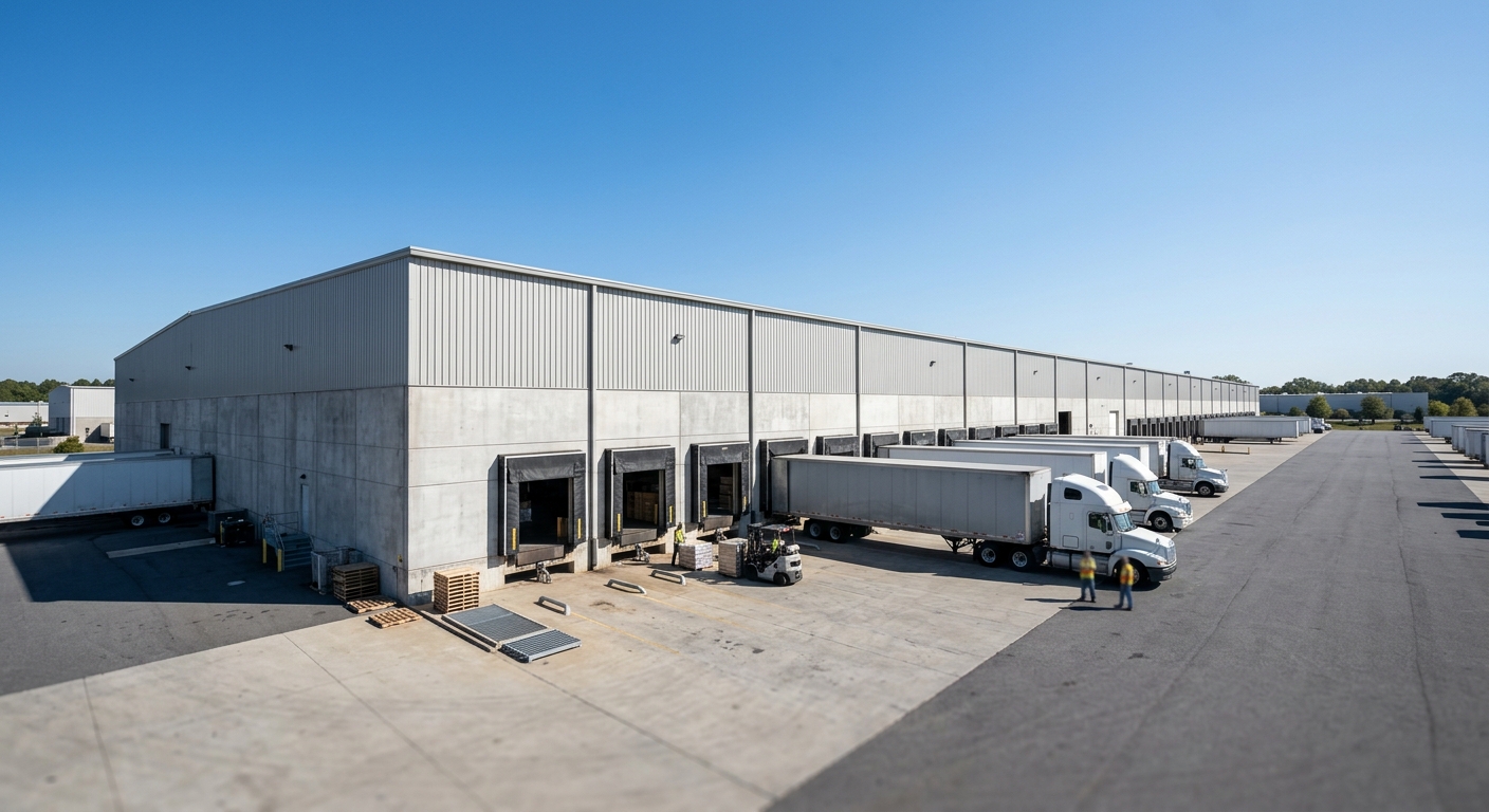 A large single-story industrial warehouse building with loading docks under a clear sky.