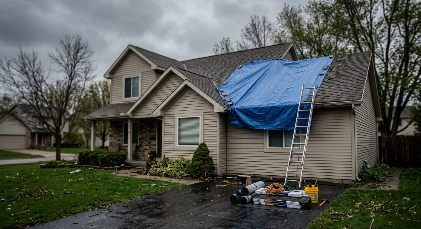 A suburban home with a blue tarp covering storm-damaged roofing while repairs remain on hold.