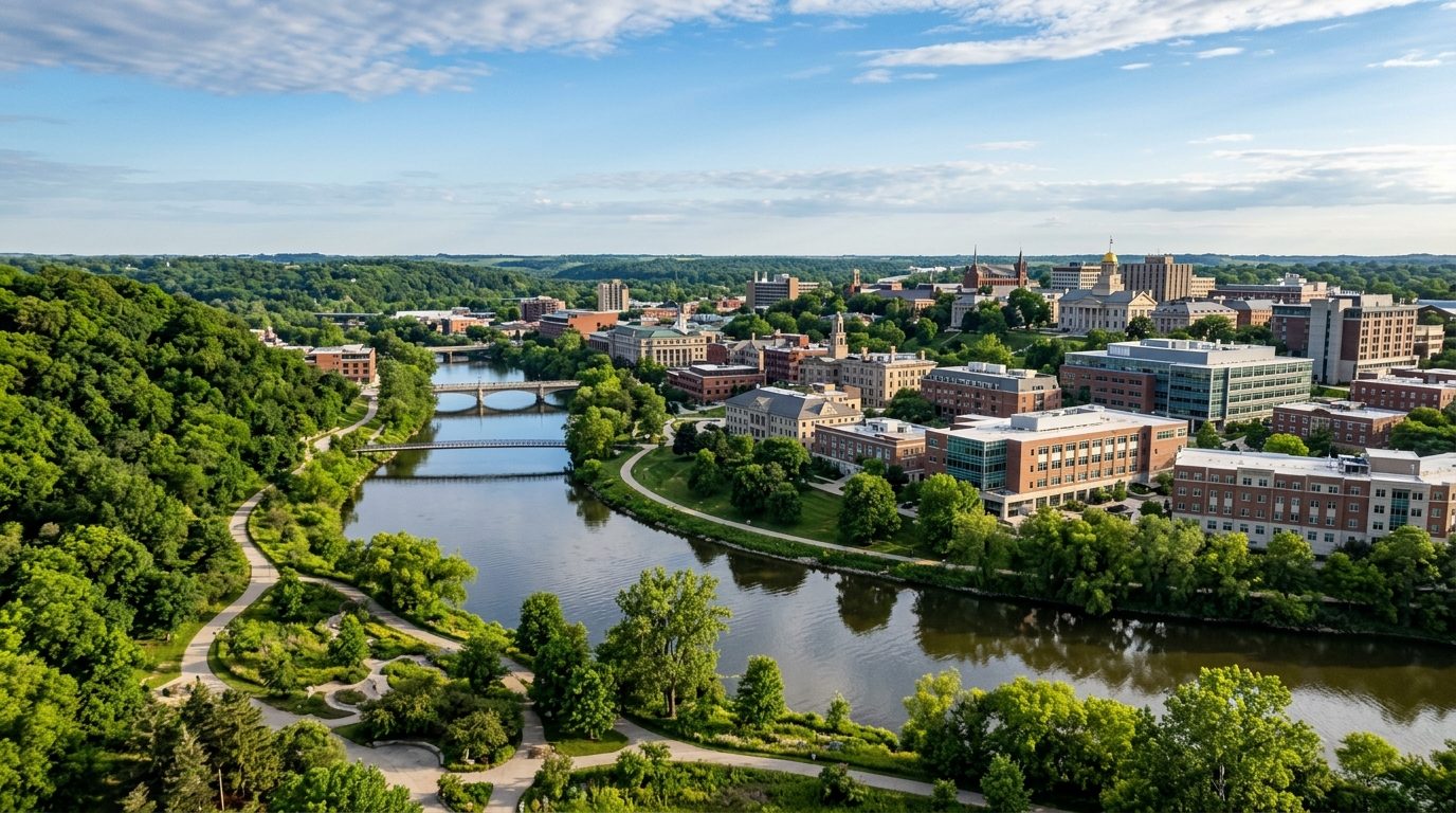 Iowa City, IA — Iowa River curving past downtown Iowa City with wooded bluffs, a riverside park, and a mix of historic and