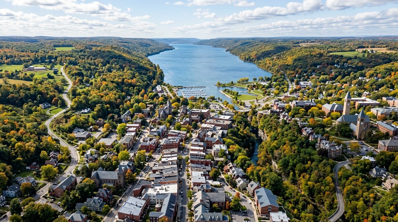 Ithaca, NY — Finger Lakes college town at the southern tip of a long glacial lake, with wooded hillsides, a deep creek
