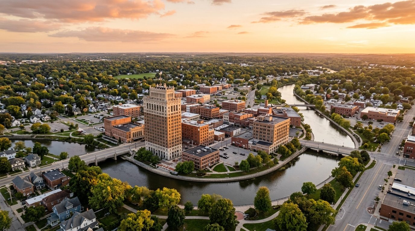 Jackson, MI — Downtown Jackson, Michigan at showing the Grand River curving past a historic riverside office tower and
