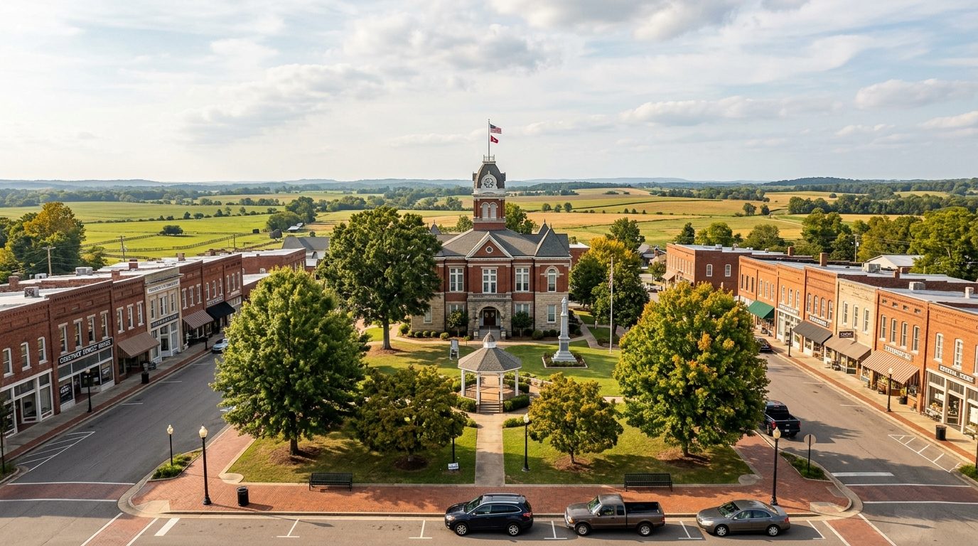 Jackson, TN — Scene of a small Southern city courthouse square lined with historic brick storefronts and shade trees, with