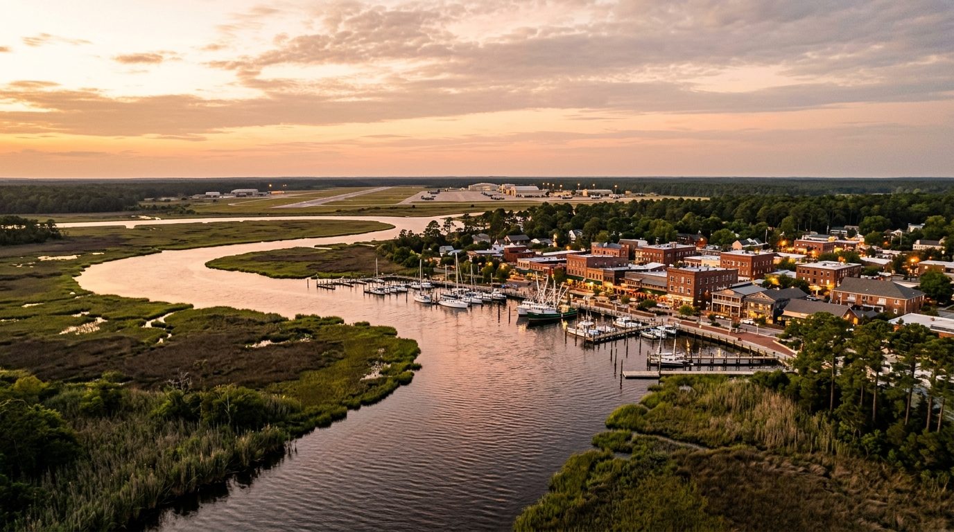 Jacksonville, NC — Marsh-lined coastal river in eastern North Carolina at with a small waterfront downtown, docked boats,