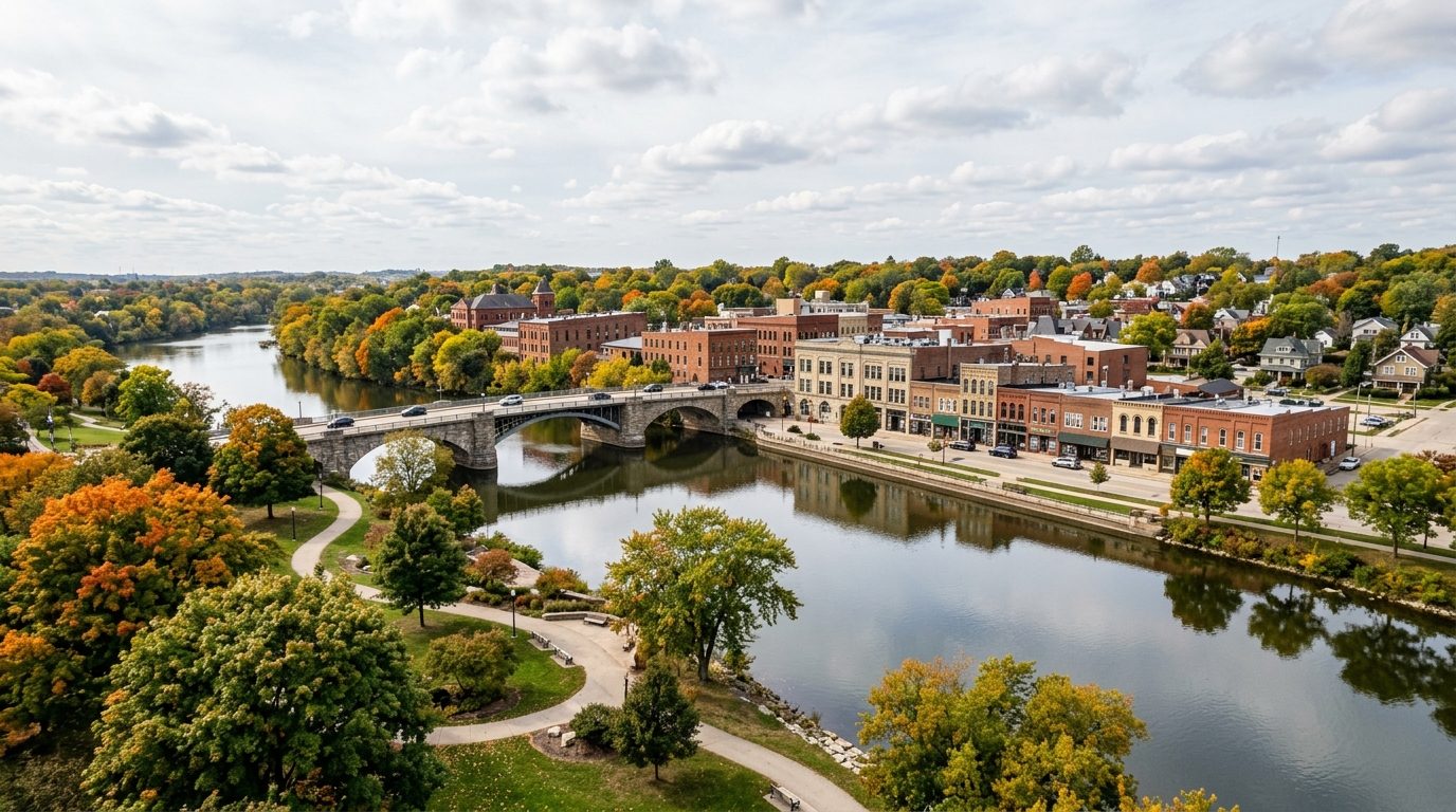 Janesville, WI — Rock River winding through a small Wisconsin city with historic brick storefronts, a stone bridge, riverside