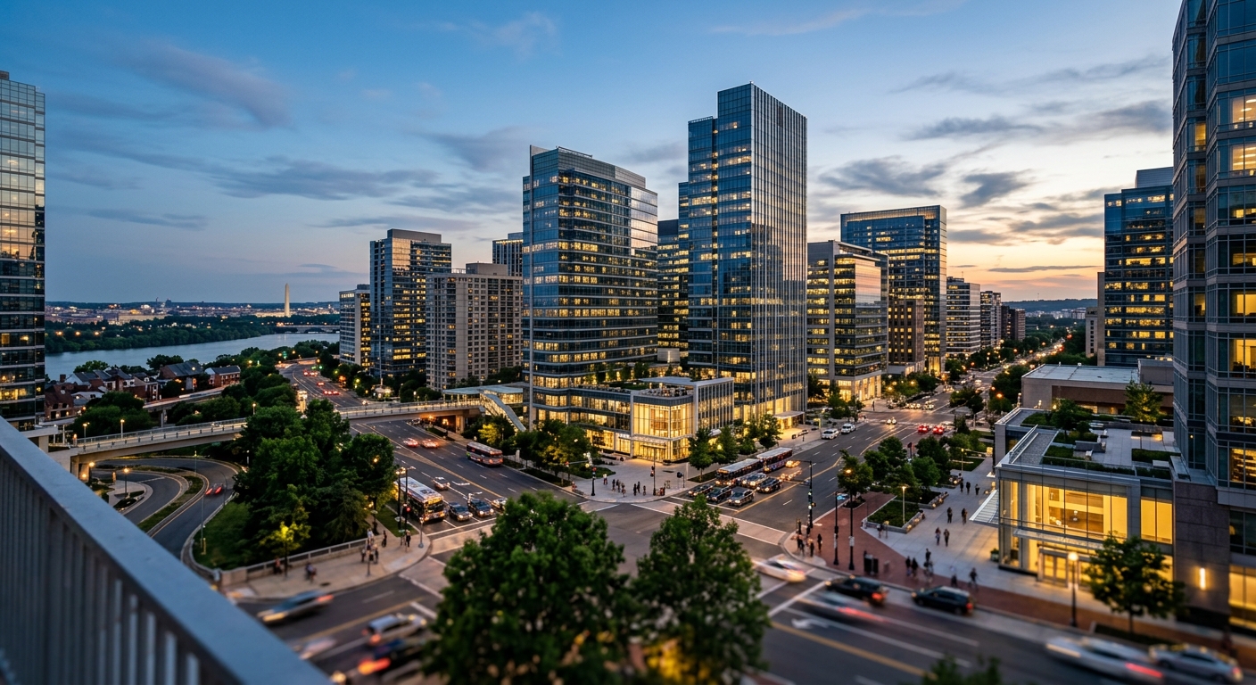 Office and residential towers in a Washington D.C.-area business district skyline at dusk.