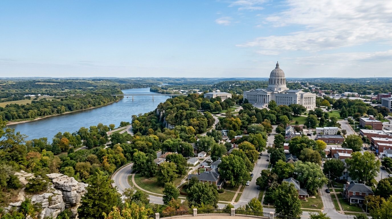 Jefferson City, MO — Missouri State Capitol's dome rising above limestone bluffs along the Missouri River, with tree-lined