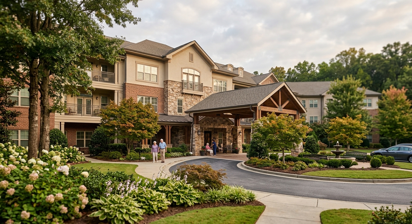 An upscale assisted living community exterior with a covered entrance and landscaped grounds.