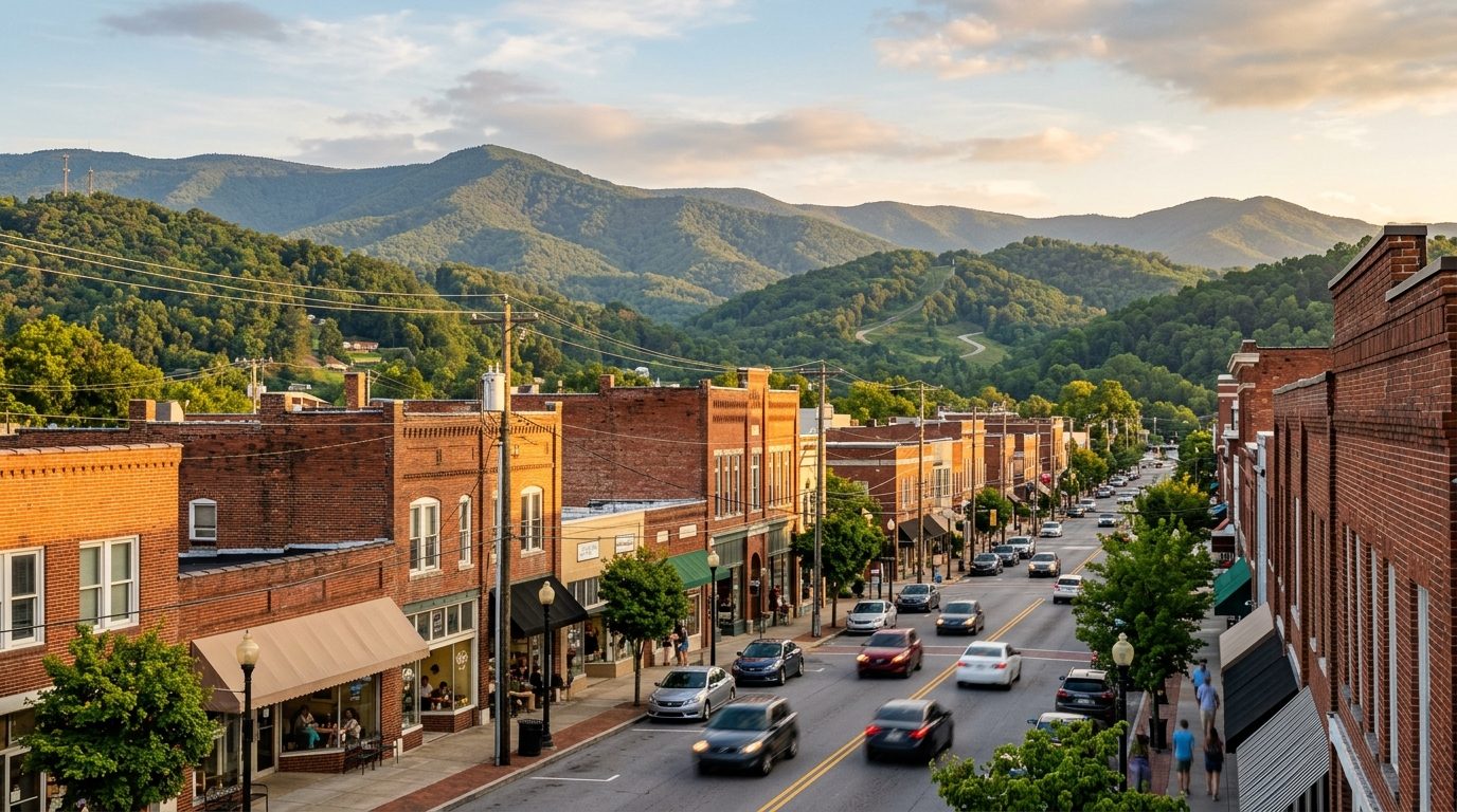 Johnson City, TN — Downtown Johnson City, Tennessee at with brick storefronts in the foreground and the forested foothills of