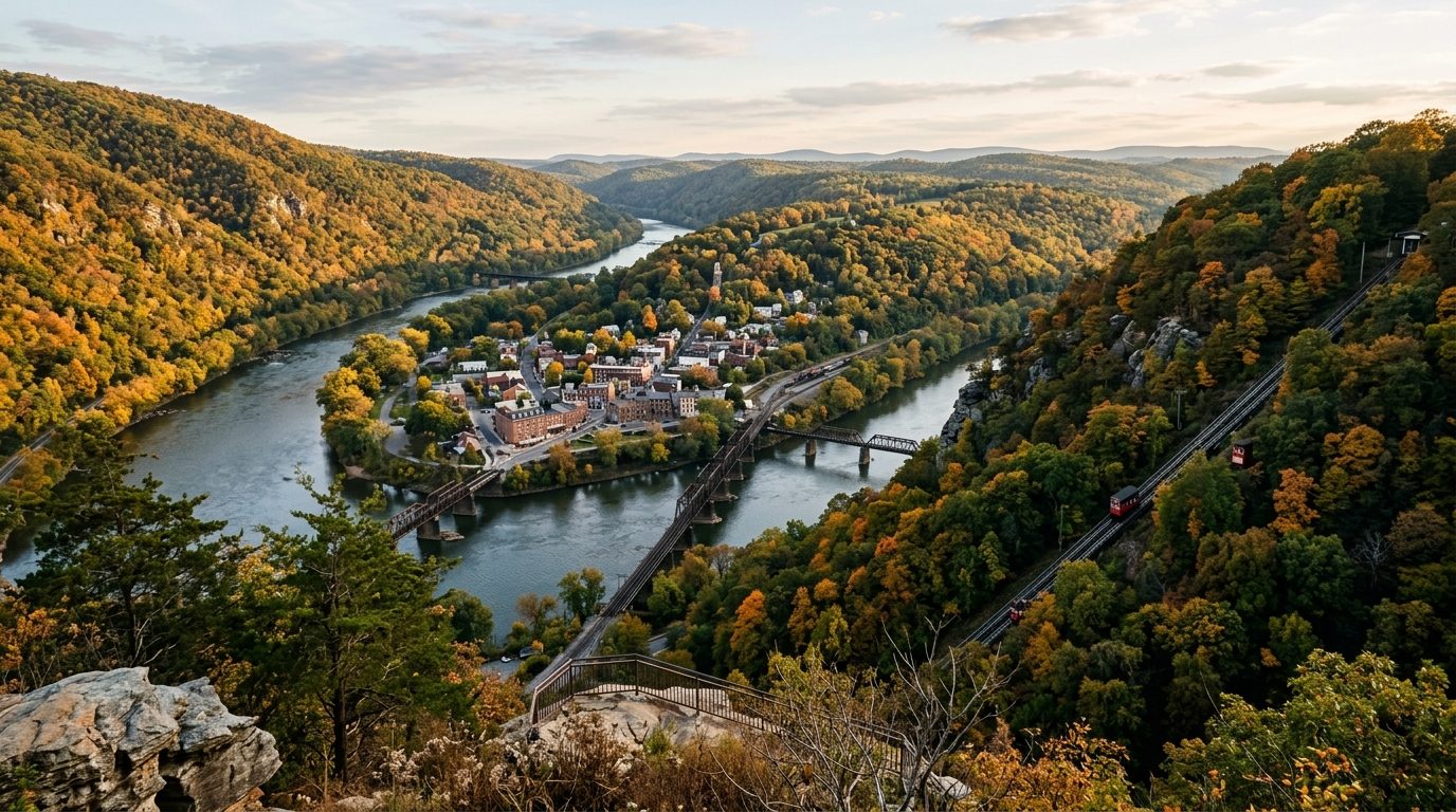 Johnstown, PA — Small city nestled at the confluence of two rivers in a steep, forested Appalachian valley, with a hillside