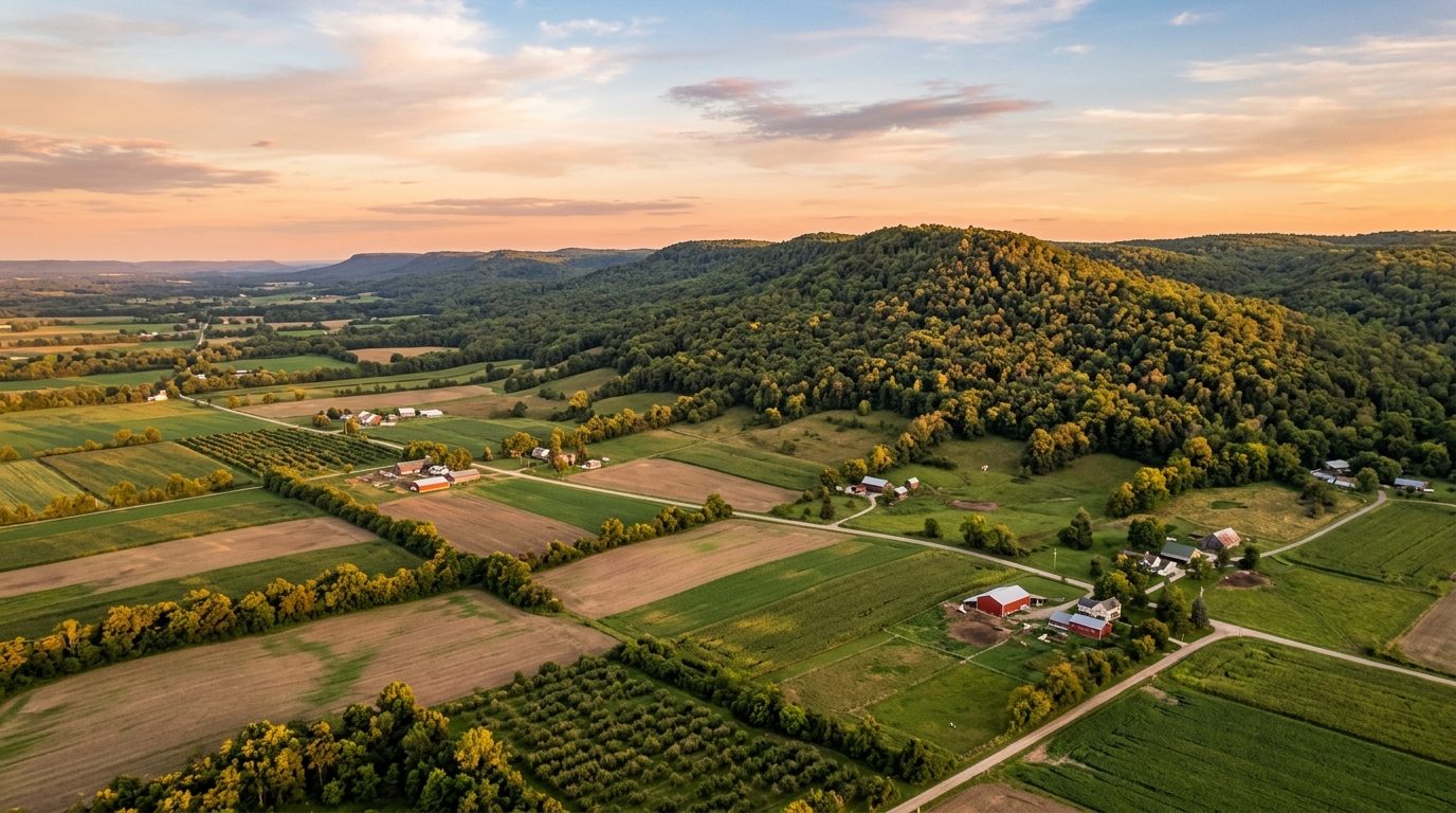 Jonesboro, AR — Wooded ridge rising in rolling terrain above flat, patchwork farmland at with no text or people visible