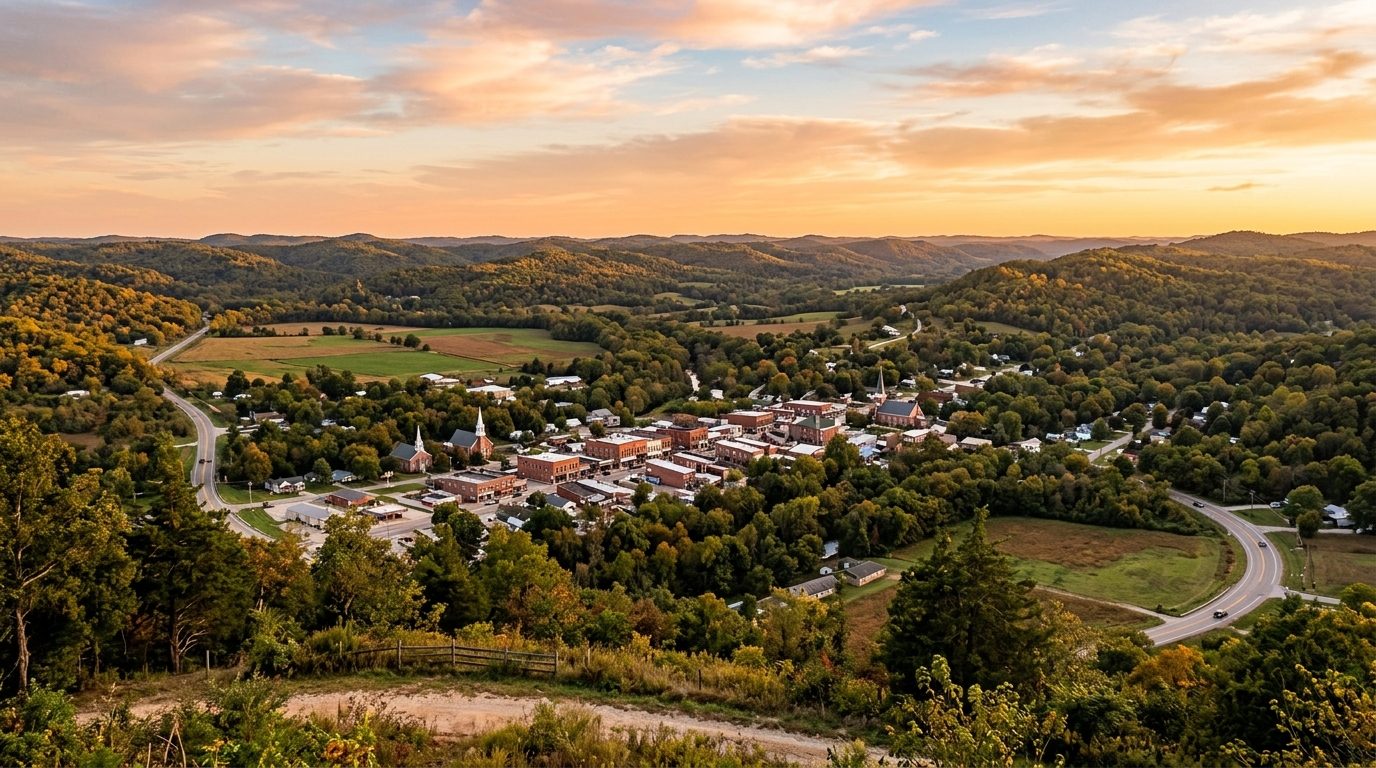 Joplin, MO — Rolling Ozark foothills at with a small-city skyline of low brick buildings and church steeples nestled among