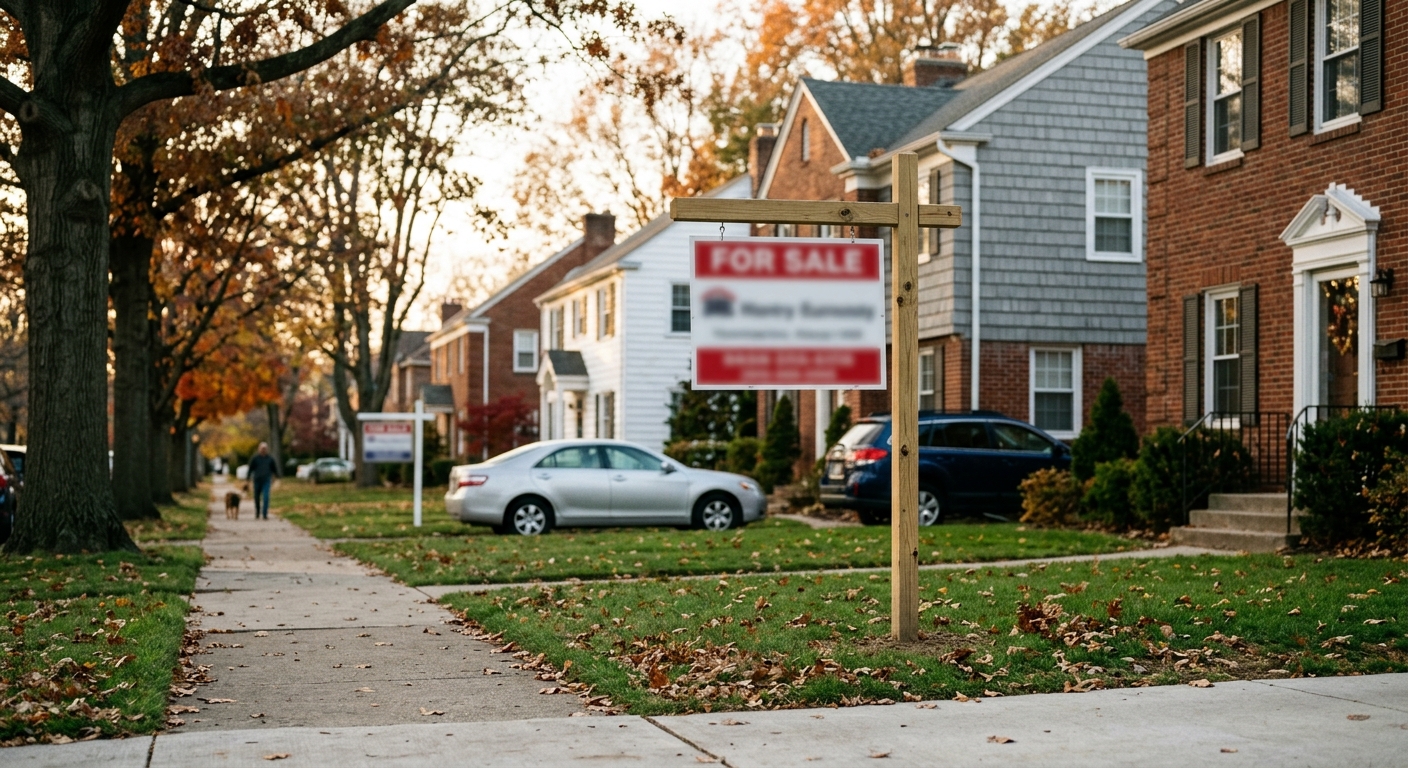 A quiet suburban American residential street lined with houses under natural daylight.