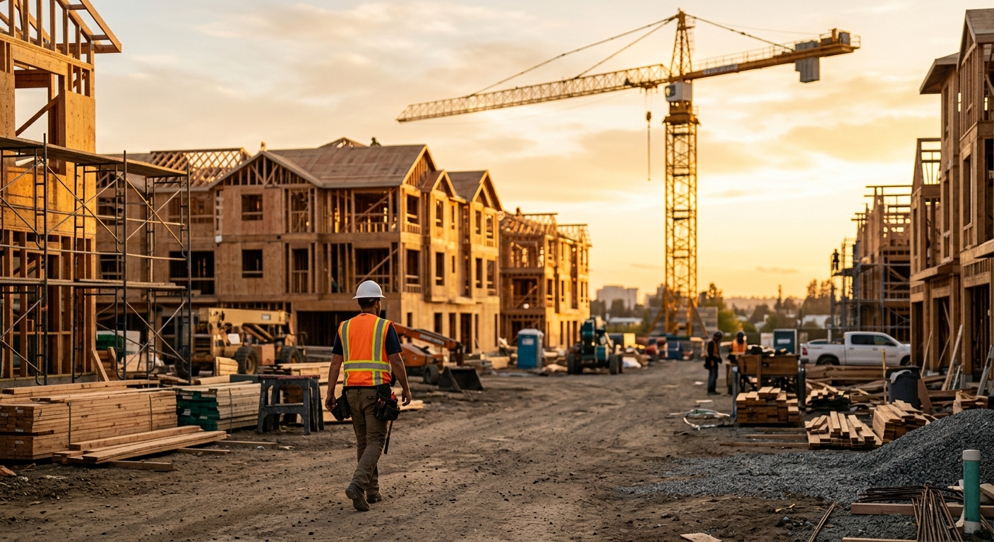 A residential construction site with a crane and framed townhomes at golden hour.