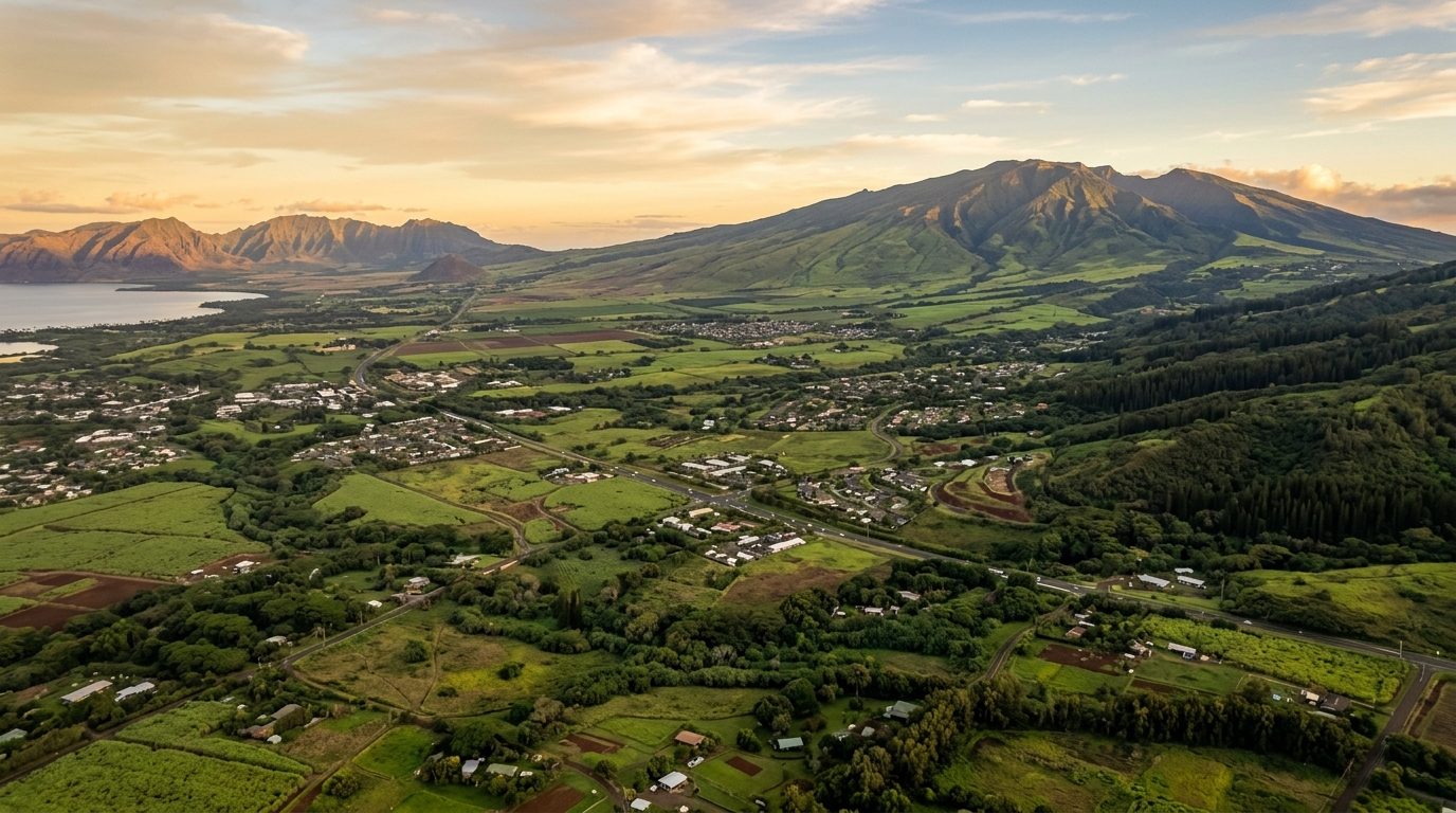 Kahului, HI — Maui's central valley at with the green slopes of Haleakalā rising in the distance and the West Maui
