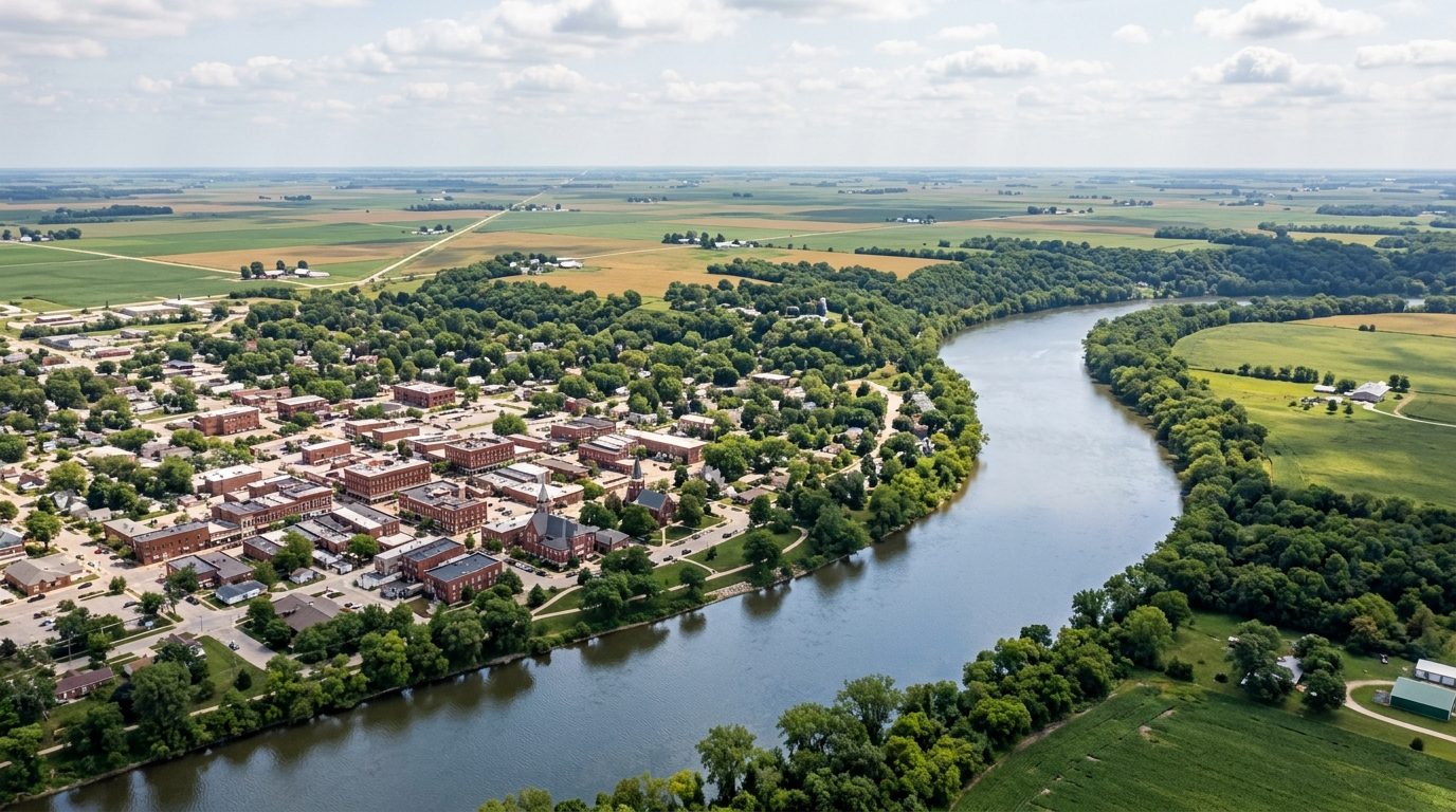 Kankakee, IL — Kankakee River curving past a historic Illinois river town with tree-lined bluffs, brick downtown buildings,