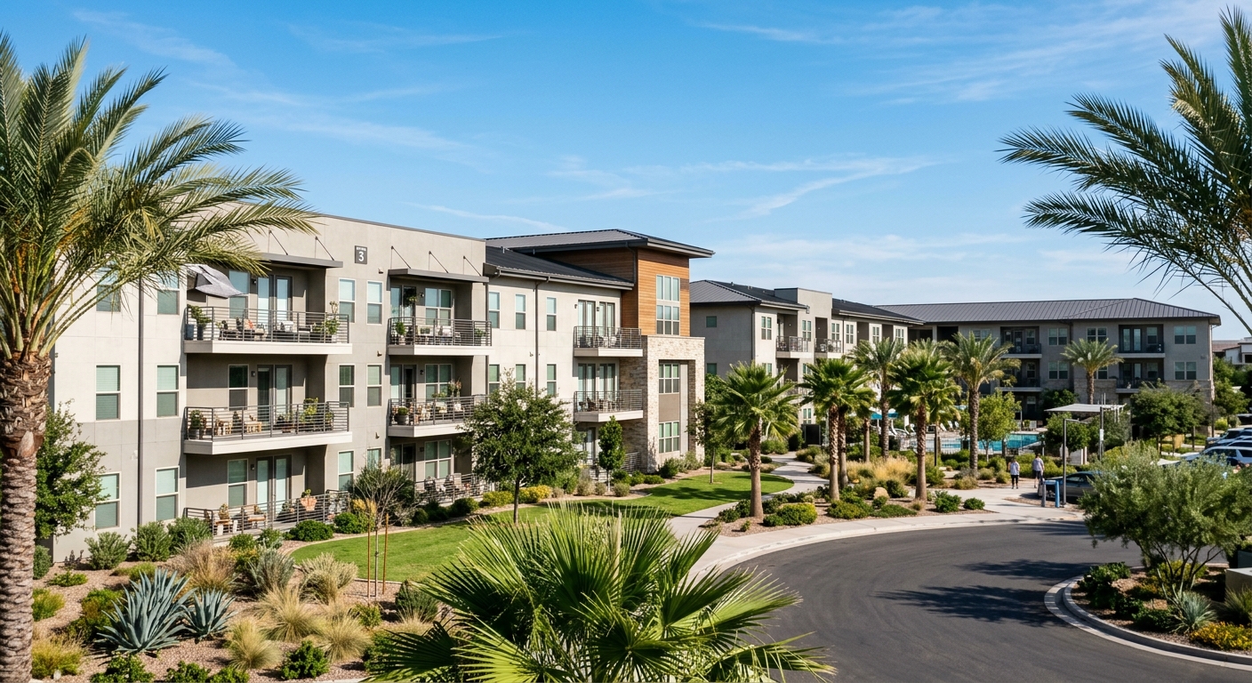 Exterior view of a large modern multifamily apartment complex under a clear sky.