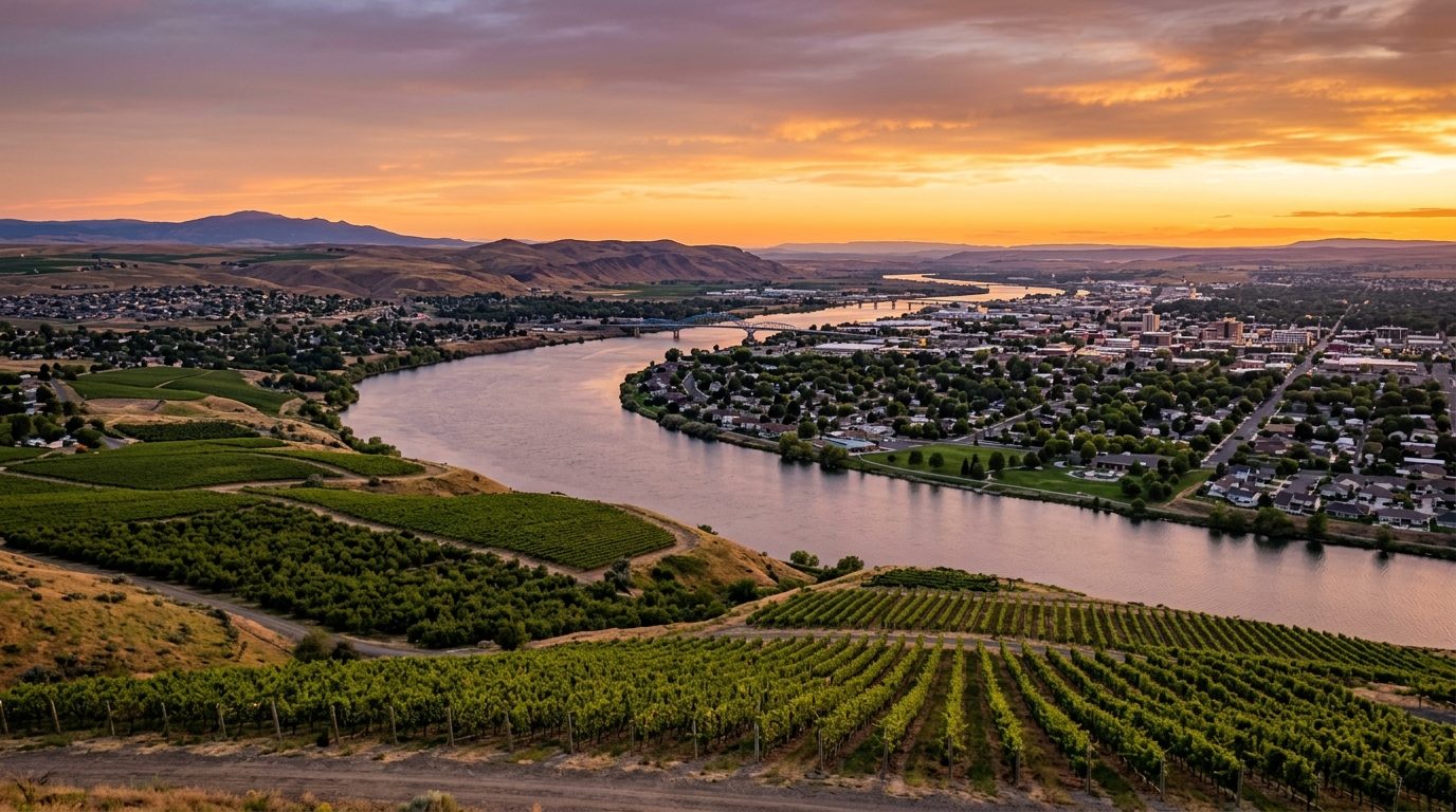 Kennewick, WA — Columbia River at the Tri-Cities in Washington state, with irrigated vineyards and orchards on rolling