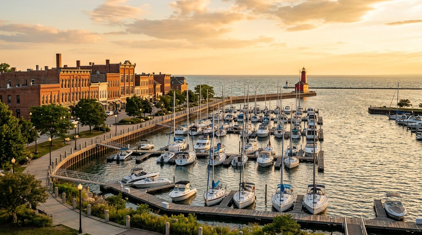 Kenosha, WI — Kenosha, Wisconsin lakefront at showing a marina, a lighthouse, and rows of historic brick harborfront