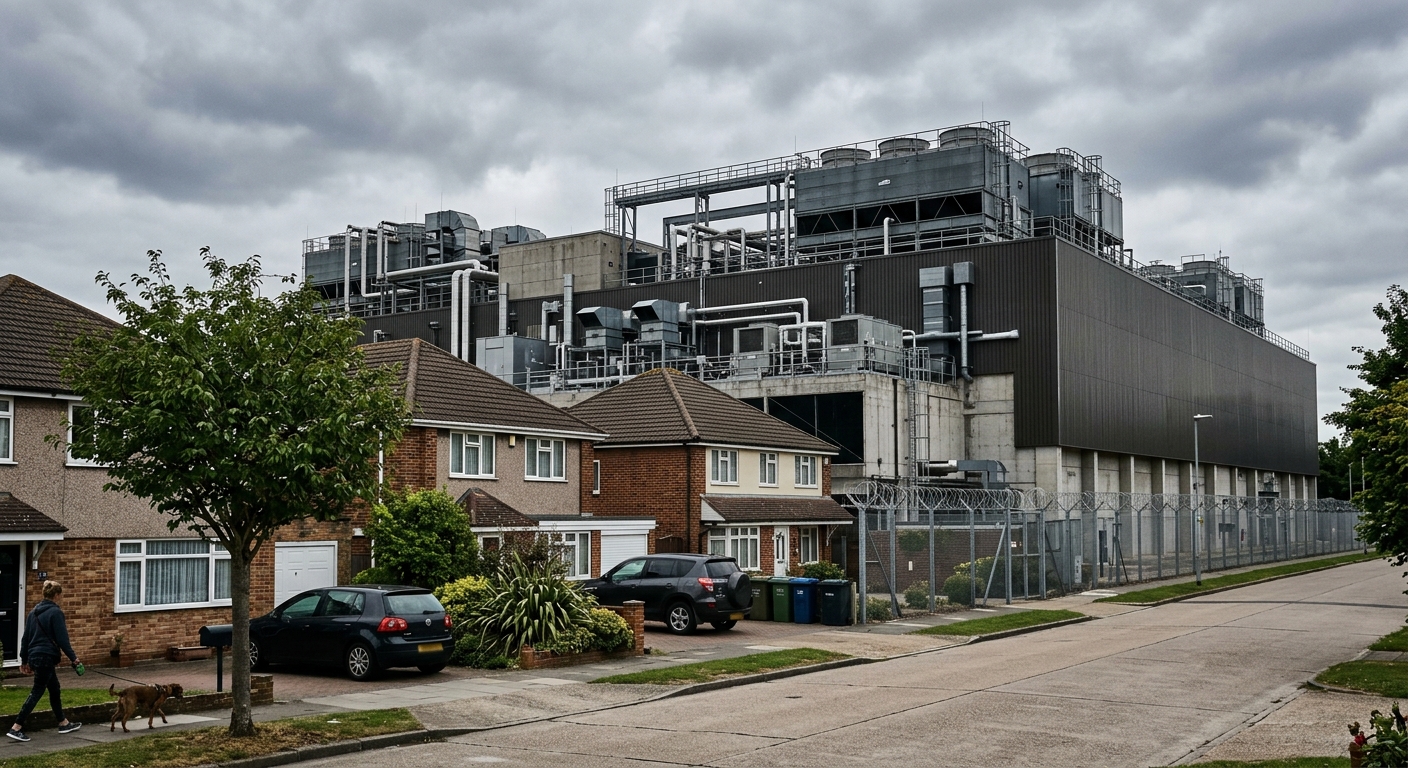 A large data center facility sits adjacent to a residential neighborhood, illustrating the land-use tension driving proposed community protections.