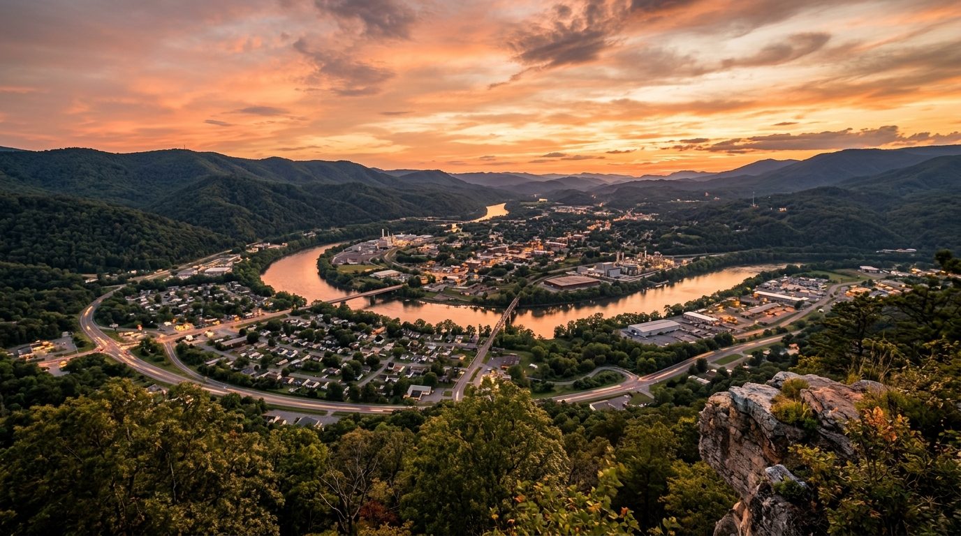 Kingsport, TN — Holston River valley near Kingsport, Tennessee, with forested Appalachian ridgelines framing a small