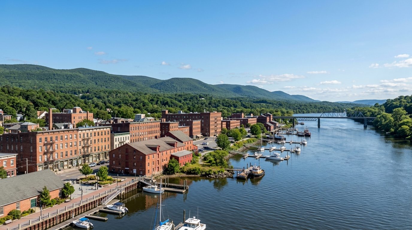Kingston, NY — Hudson River waterfront at Kingston, New York, with a historic brick warehouse district, wooded Catskill