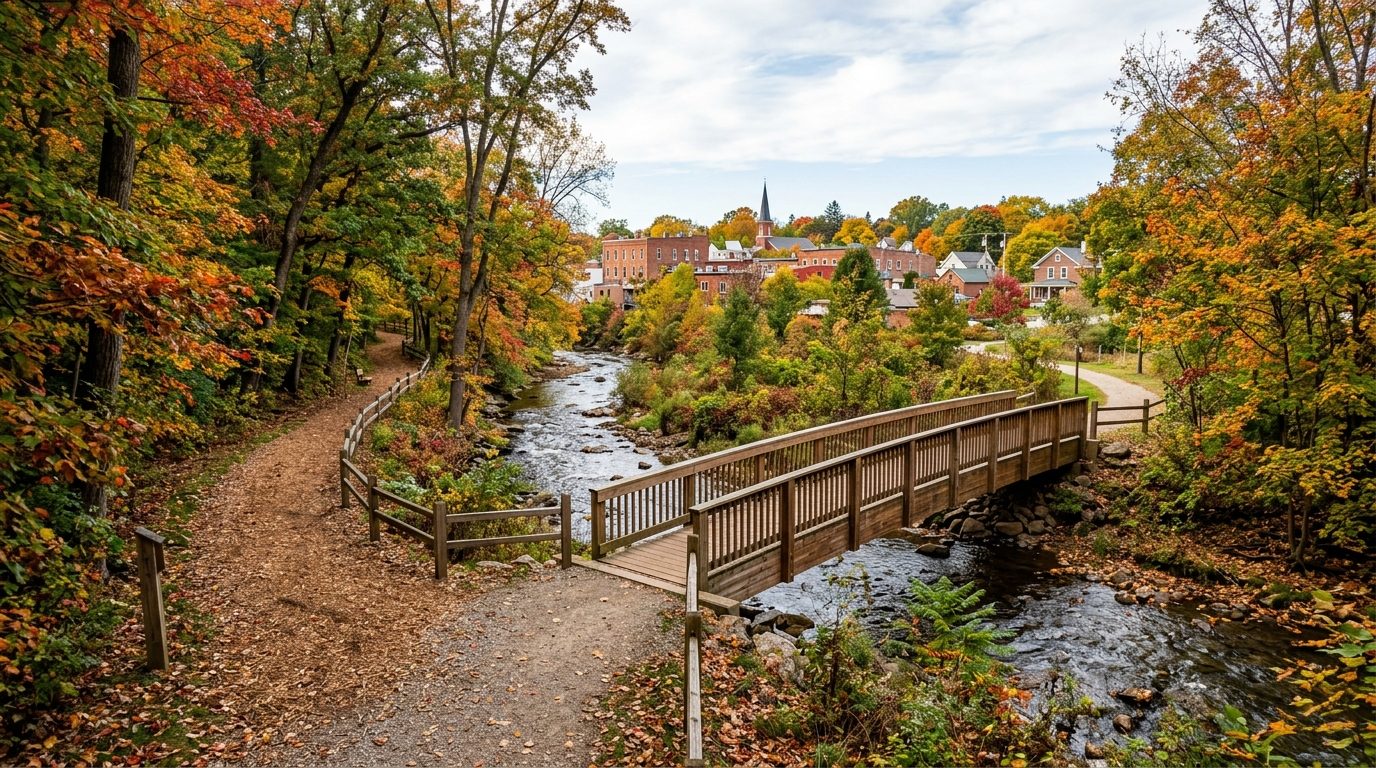 Kokomo, IN — Wooded creek walking trail with a pedestrian bridge running through a small Midwestern city, autumn light,