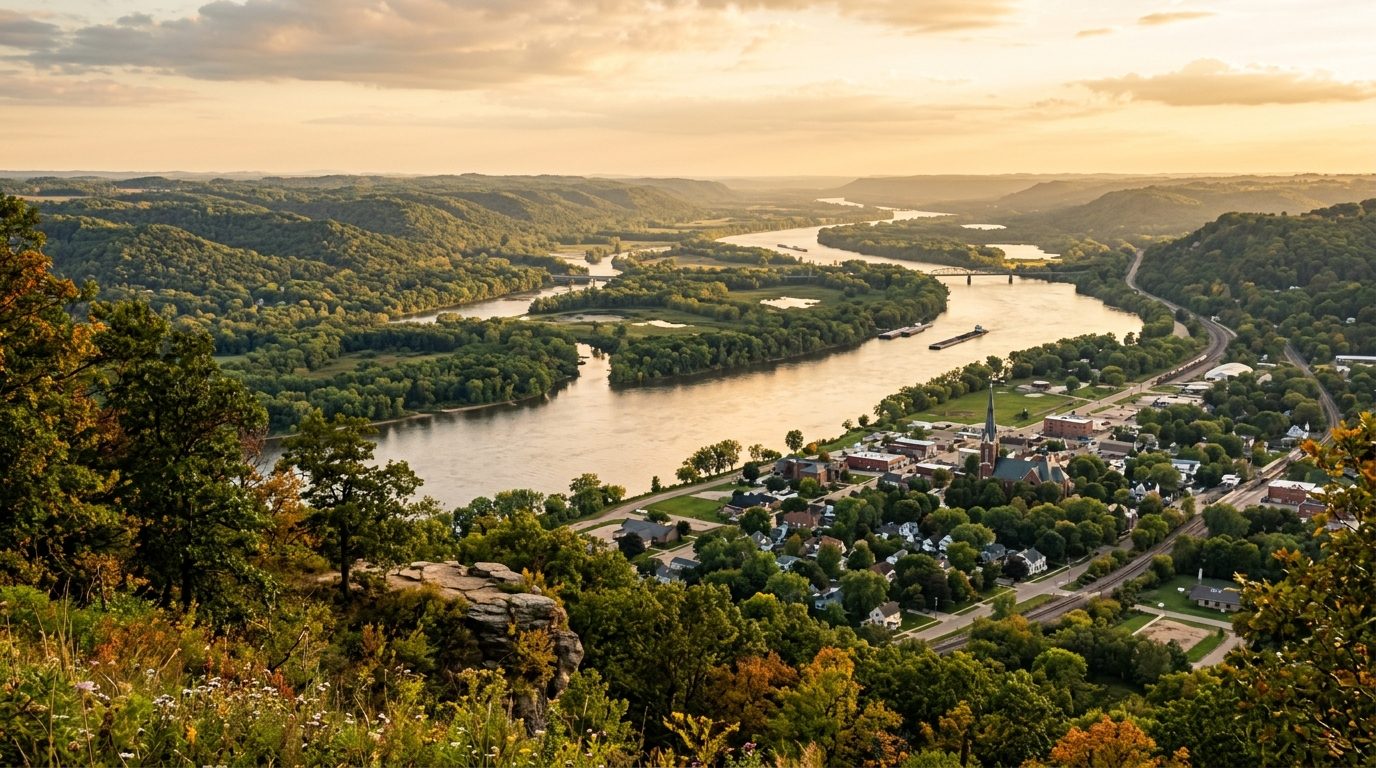 La Crosse, WI — Landscape looking north along the Mississippi River valley from a forested bluff-top vantage point, with