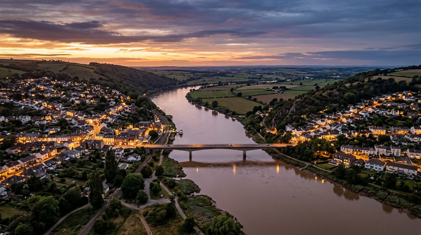 Lafayette, IN — River town at dusk, with a low bridge crossing a wide brown river between two hillside communities, farmland