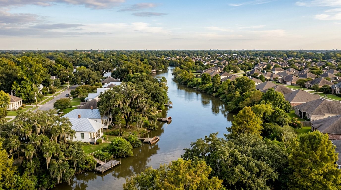 Lafayette, LA — Vermilion River winding past moss-draped live oaks, historic Acadian-style cottages, and newer suburban