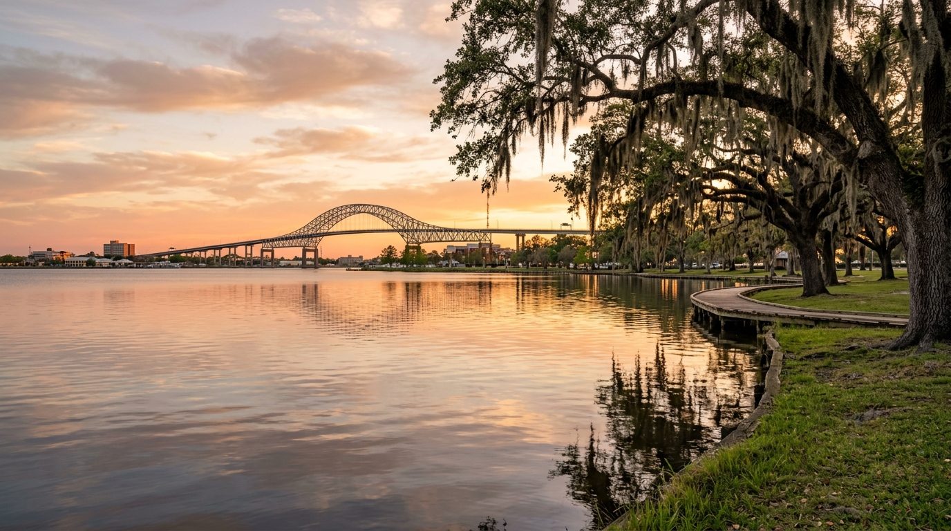 Lake Charles, LA — Lake Charles lakefront at with the Calcasieu River Bridge arching in the background, moss-draped oak trees