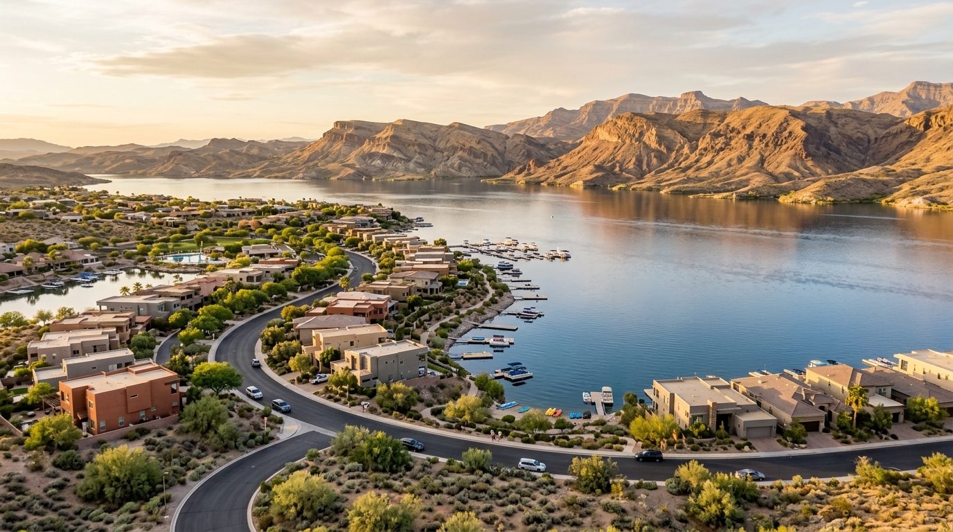 Lake Havasu City, AZ — Desert lake community at with a calm blue reservoir bordered by rugged tan mountains and low desert scrub