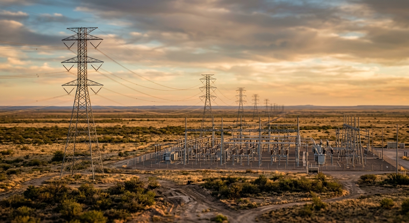 High-voltage transmission towers and an electrical substation on open West Texas rangeland at golden hour.