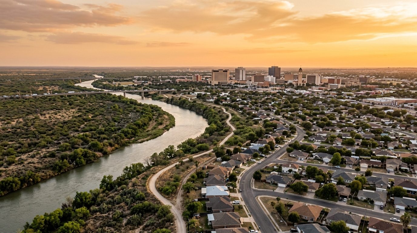 Laredo, TX — Laredo, Texas at showing the Rio Grande winding between low South Texas brushland on one side and a spread of