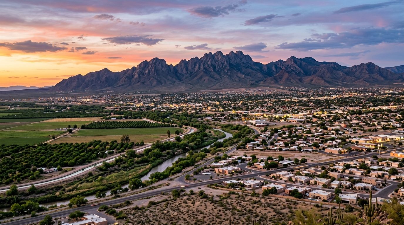 Las Cruces, NM — Mesilla Valley at dusk with the jagged Organ Mountains rising over a desert city of low stucco rooftops and