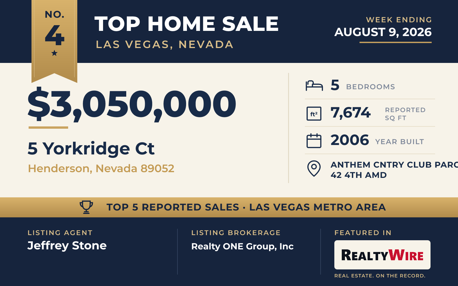 Top home sale No. 4 in the Las Vegas, Nevada metro area — 5 Yorkridge Ct, Henderson, Nevada, week ending August 9, 2026