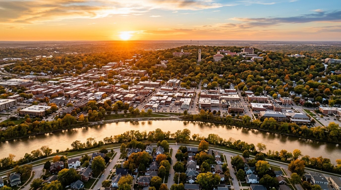 Lawrence, KS — Lawrence, Kansas at showing the Kansas River, downtown Massachusetts Street rooftops, and the tree-covered