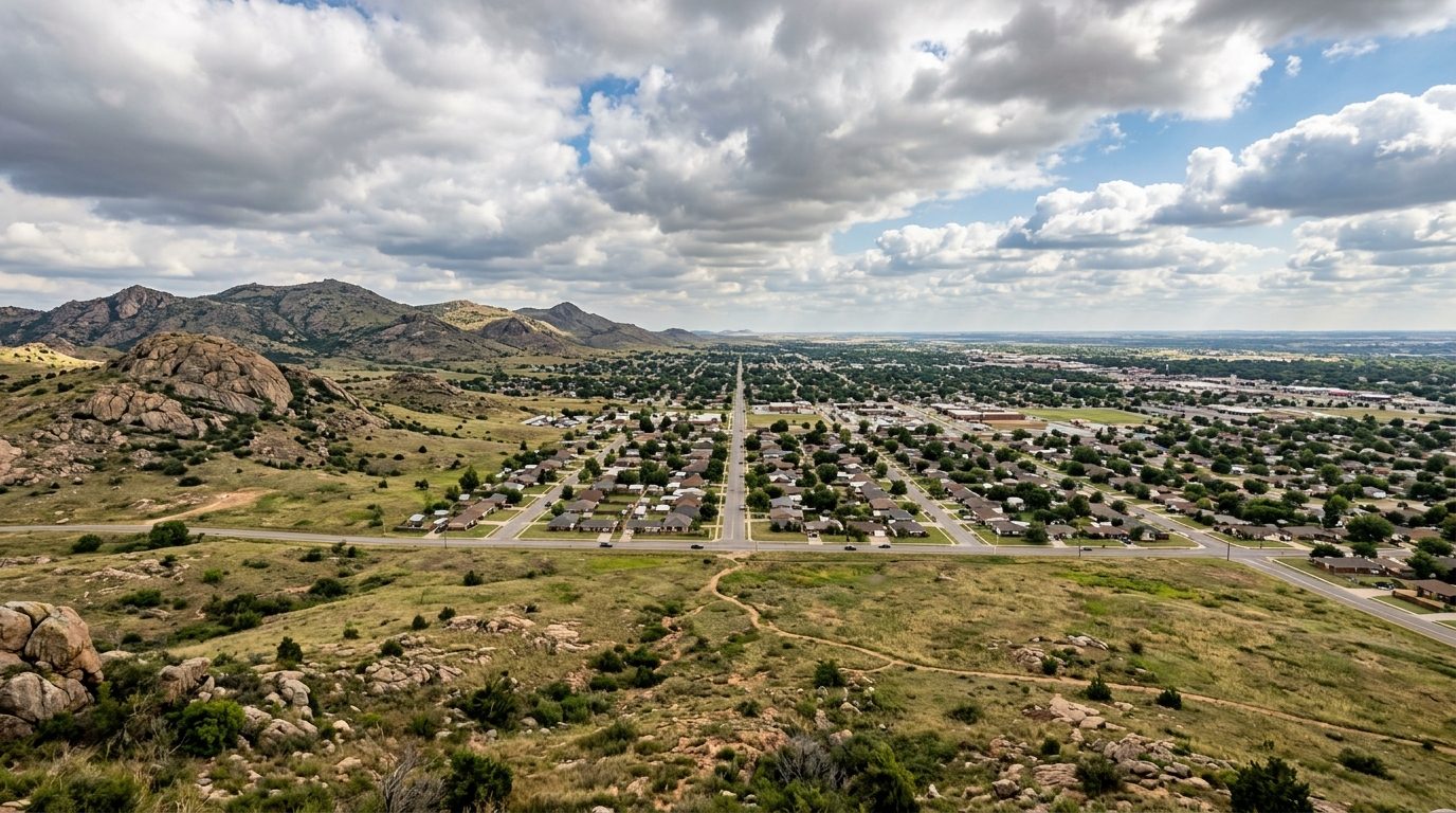 Lawton, OK — Rolling granite hills and mixed-grass prairie in the Wichita Mountains under a big open sky, with a low-rise