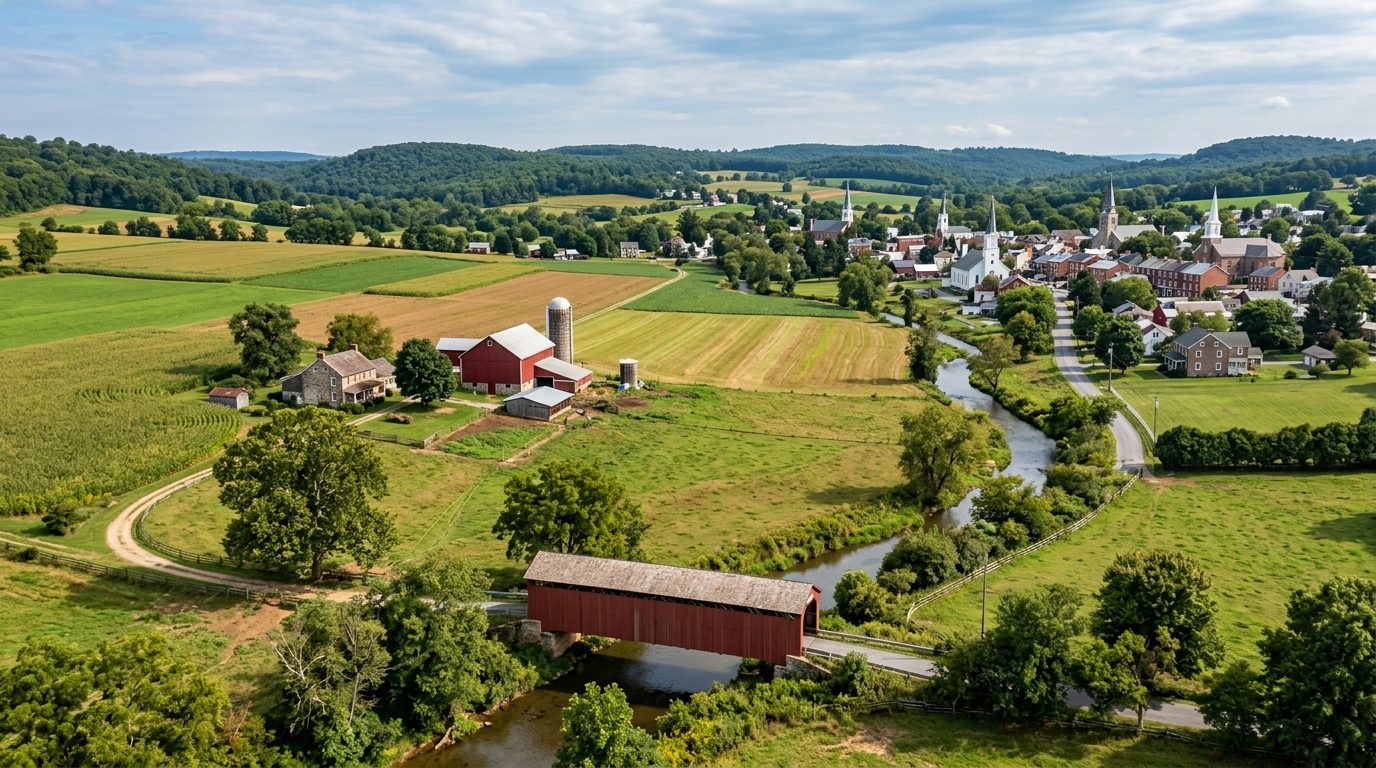 Lebanon, PA — Landscape of a Pennsylvania Dutch valley with rolling farmland, a covered bridge over a creek, distant wooded