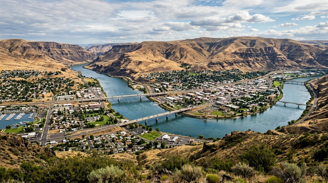 Lewiston, ID — Lewiston-Clarkston valley at the confluence of the Snake and Clearwater rivers, with twin riverside cities