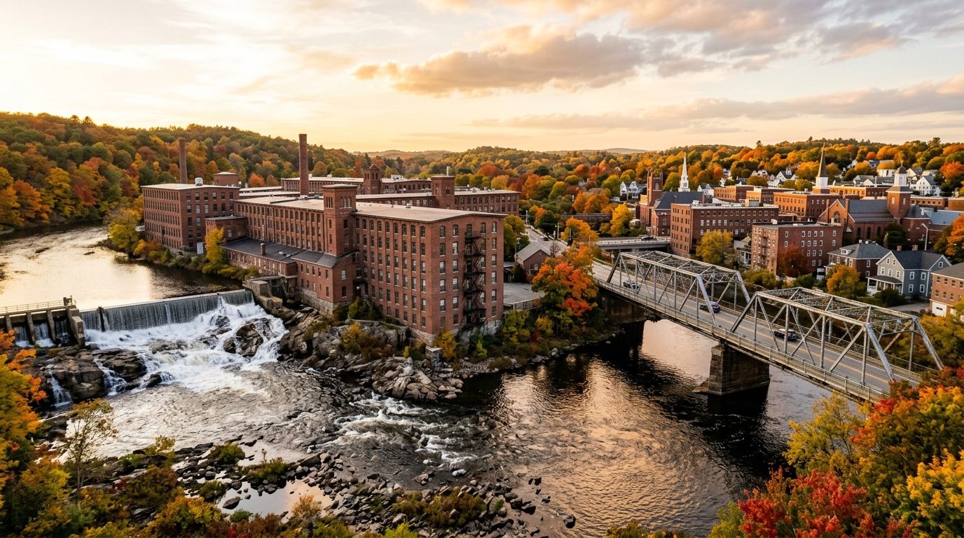 Lewiston, ME — New England mill-town river scene at with a wide river cascading over falls beside rows of historic red-brick