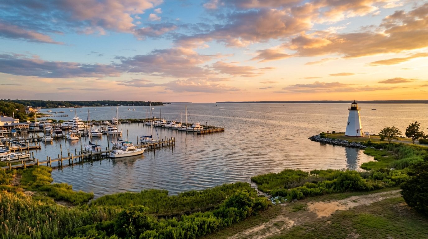 Lexington Park, MD — Patuxent River meeting the Chesapeake Bay at with a waterfront lighthouse, marina docks, and low green