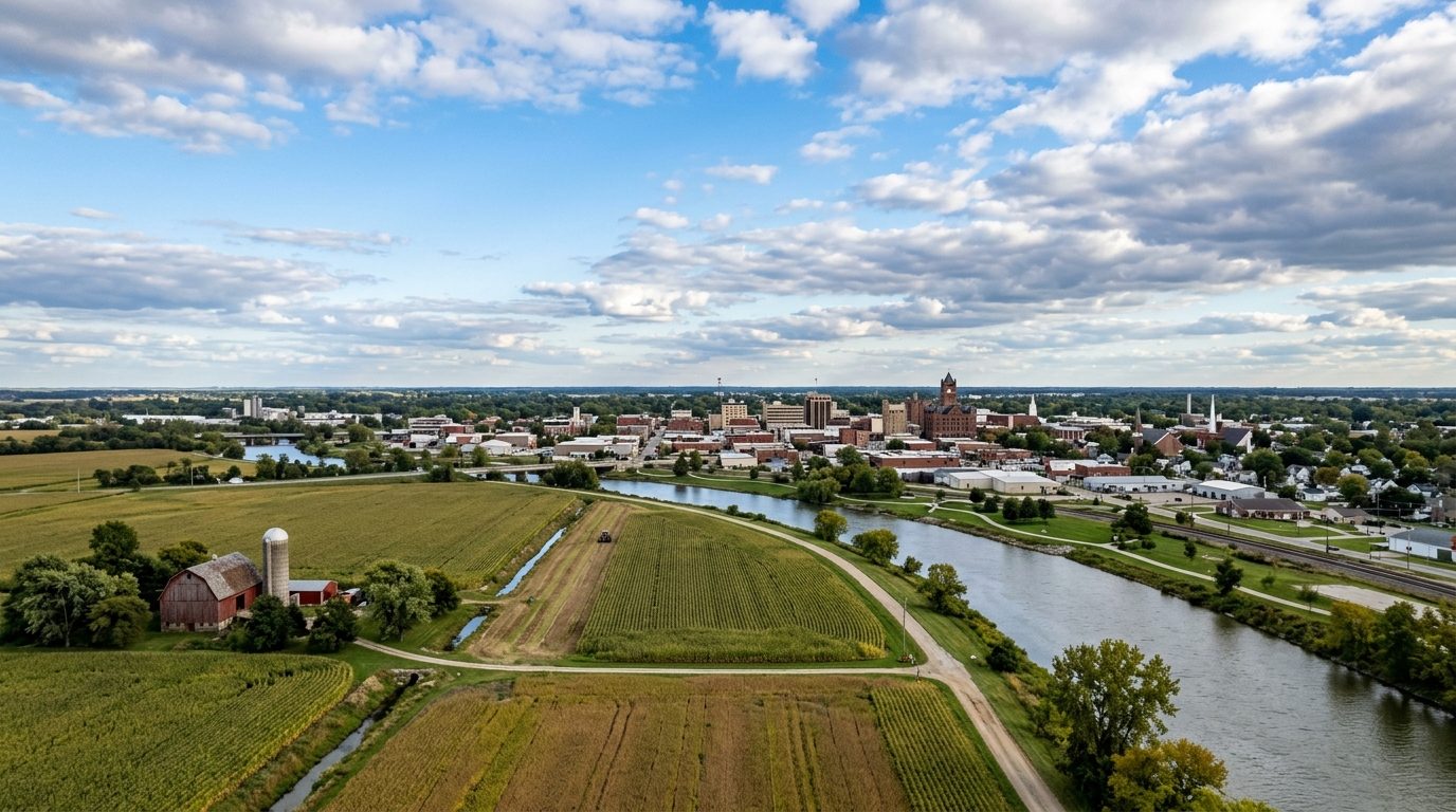 Lima, OH — Flat northwest Ohio farmland transitioning into the low-rise city of Lima along a slow river under a big open