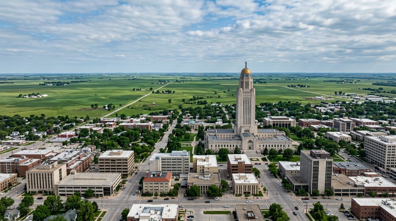 Lincoln, NE — Nebraska State Capitol tower rising above downtown Lincoln with flat green prairie of the Great Plains